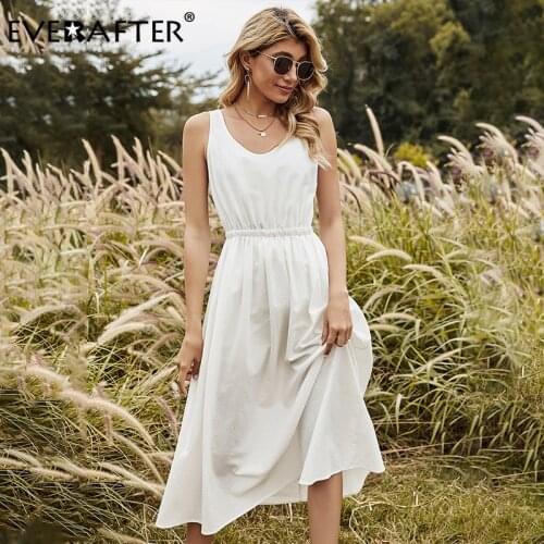 EVERAFTER Backless High Waist Solid Sleeveless Dress Women Summer White A-line Slim Long Dress Holiday Casual Beach Maxi Dress