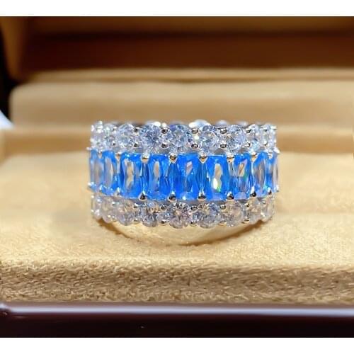 Luxury Eternal Shiny Simulated Aquamarine Colored Gemstone 925 Sterling Silver Female Wedding Ring Exquisite Engagement Jewelry