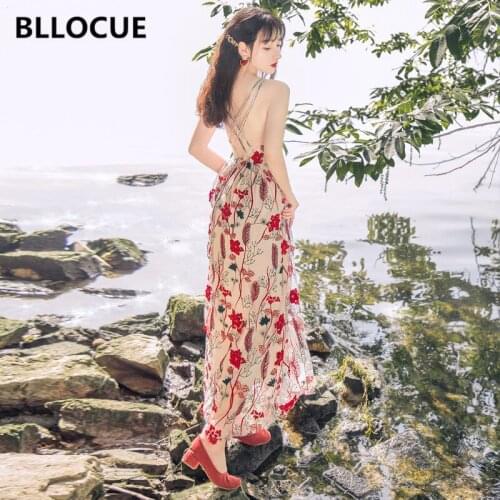 BLLOCUE High Quality 3D Red Floral Embroidery Mesh Summer Dress 2020 Women Backless Casual Beach Midi Dress Sexy Party Dresses