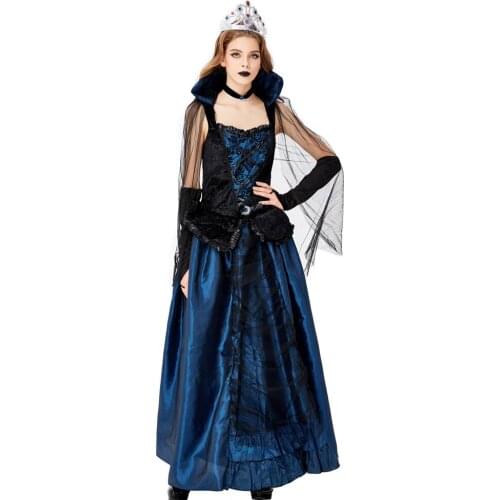 Adult Women Halloween Court Wizardress Evil Queen Of Vampire Medieval High Stand Collar Blue Gothic Gown Robe Dress For Ladies