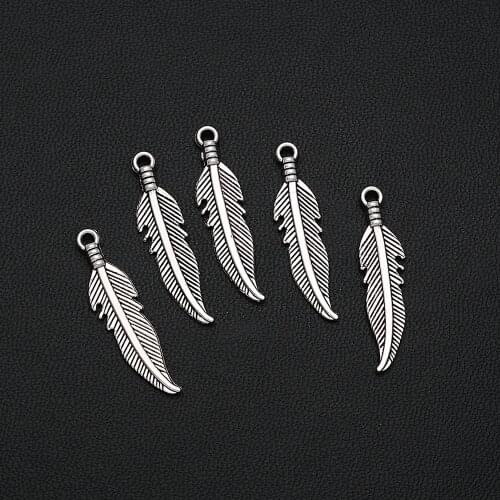 30PCS/Lots 7x27mm Antique Silver Plated Dream Catcher Feathers Charms Leaf Pendants Creative Jewelry Making Parts Hand Made