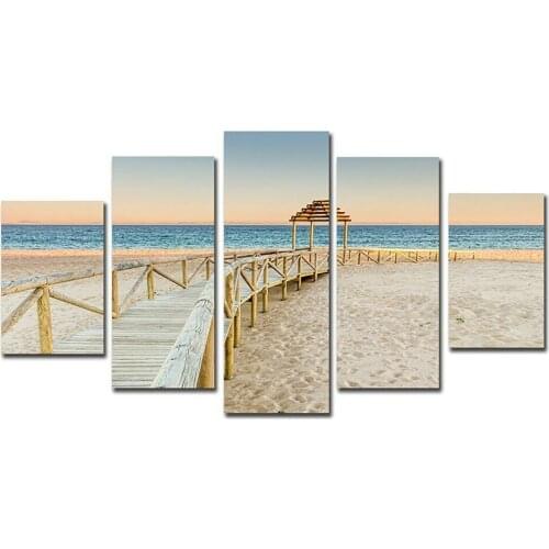 5Pcs Wooden Path Beach Seascape Poster Canvas Picture Print Wall Art Canvas Painting Wall Decor for Living Room No Framed