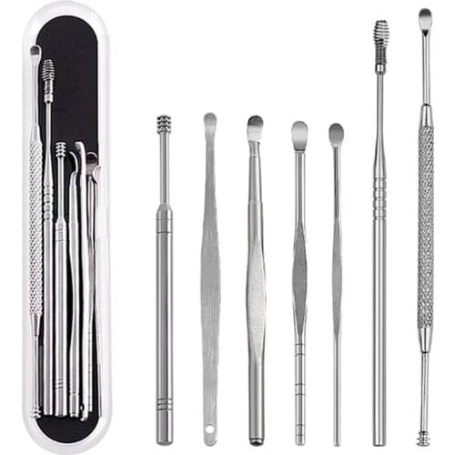 7pcs Ear Wax Pickers Stainless Steel Ears Picks Removal Curette Remover Cleaning Stick Tool Earpick Facial Beauty Tools