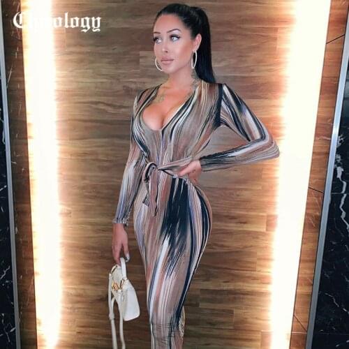 Chicology Tie Dye Wave Print Lace Up Midi Dress Women Long Sleeve Sexy 2021 Autumn Winter Women Party Club Bodycon Lady Clothes