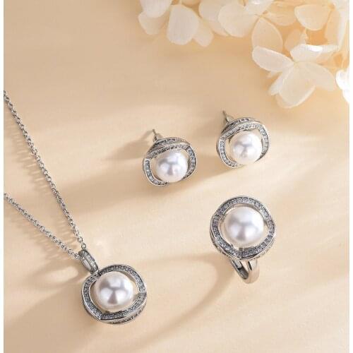 Europe and America Pearl necklace ladys earring ring three sets fashionable stylish diamond-encrusted accessories