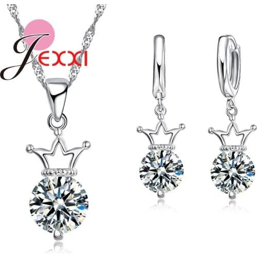 Pretty Crown Jewelry Set For Womem/Girls With Shiny White CZ Crystal Wholesale 925 Sterling Silver Necklace Earring