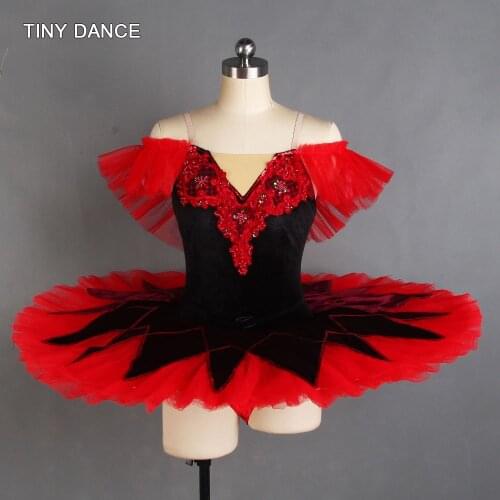 Girls and Women Off-Shoulder Professional Ballet Dance Tutu Costume Stretch Velvet Bodice with Red Pancake Tutu Skirt BLL076