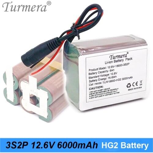 Turmera 3S 12.6V 10.8V 6000mAh 3S2P Lithium Battery Pack 18650 HG2 3000mAh 30A Battery Cell with 40A BMS for Screwdriver Battery