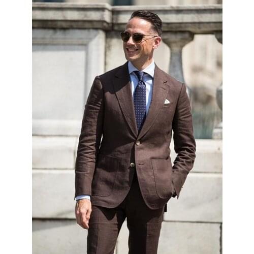 ANNIEBRITNEY Summer Dark Brown Linen Men Slim Fit Suit Groom Slim Fit 2 Piece Tuxedo Custom Wedding Suits Blazer Terno Masuclino