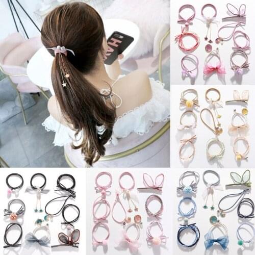 9pcs/set Women Multi-patterns Headwear Elastic Rubber Hair Rope Bowknot Hairband Set Summer Girl Hair Ties Accessories