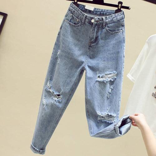 Ripped Jeans Women Loose Cropped Trousers 2021 Summer And Autumn High Waist Straight Jeans Vintage BF Harem Pants Women C7646