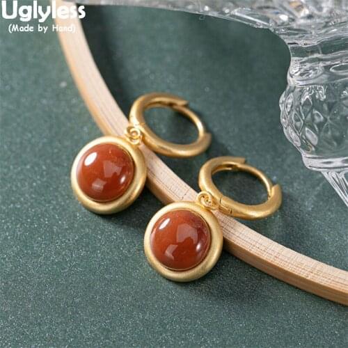 Uglyless Natural Agate Jade Ear Hoops for Women Perfect Round Gemstones Earrings Real 925 Silver Brincos Fashion Dress Jewelry