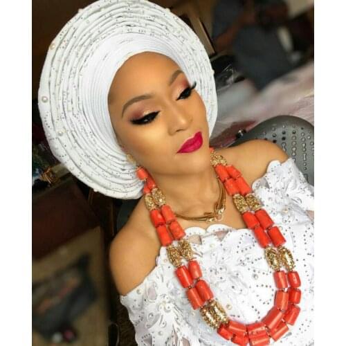 Fabulous 2 layers Long Coral Necklace Earrings Bracelet Set Real Coral Bead African Wedding Jewelry Set for Women CNR857