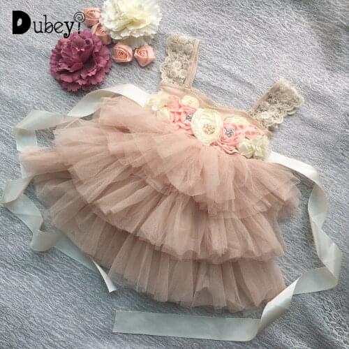 Champagne Wedding Dresses for Girls Birthday Dress with Sash Baby Girl Lace Sling Princess Tutu Dress Crystal Dress