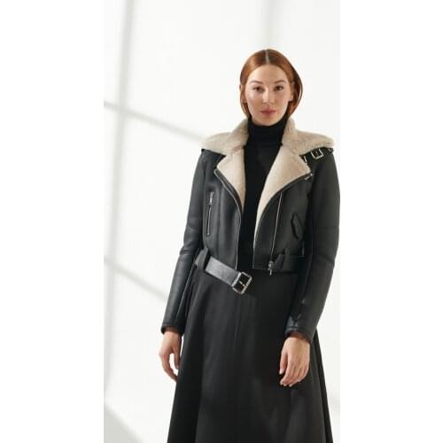 Womens Winter Fur Jacket Wool Sheep Skin Leather Jacket Genuine Slim Fit Biker Fashion Clothing from Turkey Monte