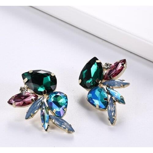 Hot Gold Color Deep Blue Rhinestone Stud Earrings for Women Girls Fashion Ethnic Beads Hollow Earrings