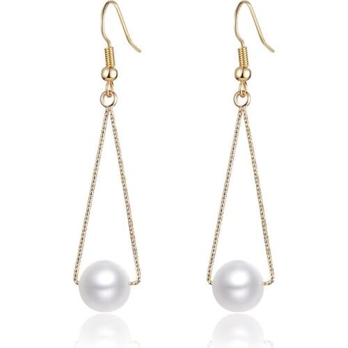 Simple 10mm Nutural Pearl Drop Earrings for Women Classic Triangle Gold Hook Long Earring Temperament Elegant Jewelry Gifts