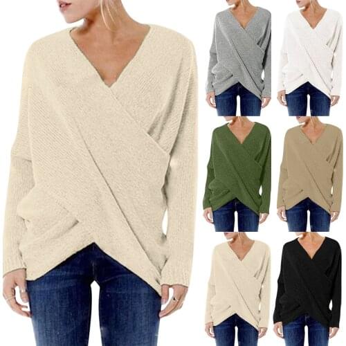Sweater Women 2021 Korean Fashion Long Sleeve Top Irregular Hem Cross Front Sexy V-Neck Knit Top Femme Fall Winter Chic Pullover