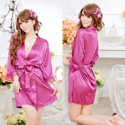 New Fashion Women Sexy Satin Lace Robe Sleepwear Lingerie Nightdress Pajamas 5 colors Sexy Womens V-neck Half Sleeve Robes