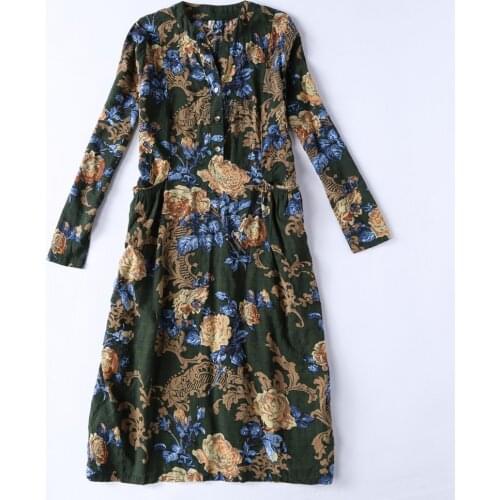 Cotton Linen Flower Print Pocket Women Casual Office Dress Vestido Spring Knee-Length Vintage V-Neck Loose Female Party Dresses