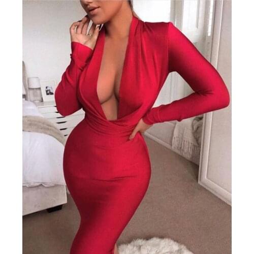 Celebrity High Quality Red Green Long Sleeve V-neck Bodycon Rayon Bandage Dress Club Party Elegant Dress
