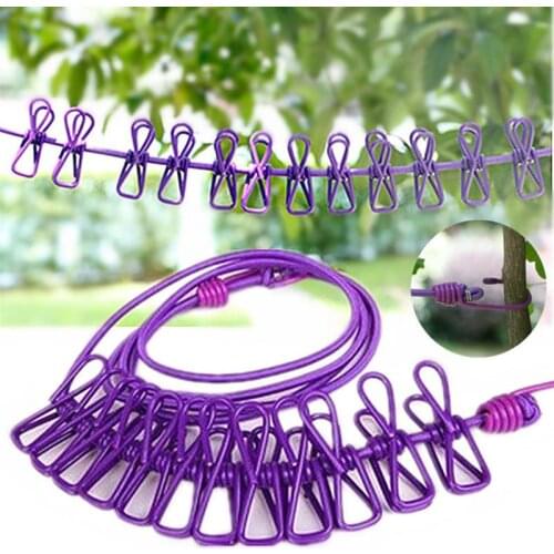 1PCS Laundry Line Windproof Elastic Adjustable Portable Clothesline Clothes Rope with 12 Clips for Travel Outdoor and Indoor Use