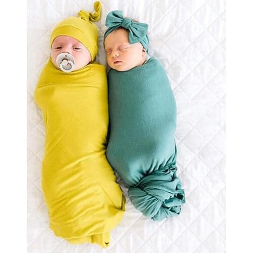 2021 New 2Pcs/Set Baby Sleeping Wrap Solid Color Skin Friendly Cotton Newborn Swaddle Blanket Beanie Set for Infant Accessories