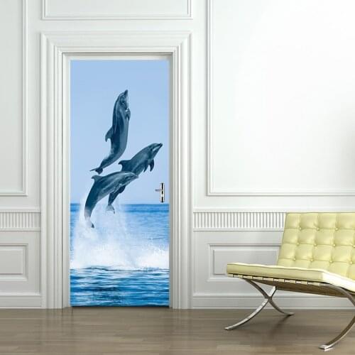 3D Dolphins Door Sticker PVC Self Adhesive Waterproof Photo Wall Mural Wallpaper Wall Sticker Childrens Bedroom Home Decor