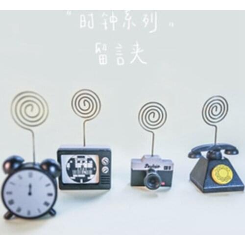 4Patterns Cute TV Camera Clock Telephone Shape Wooden Memo Holder Cards Decoration Office Stationery Crafts Photos Clamp Holder
