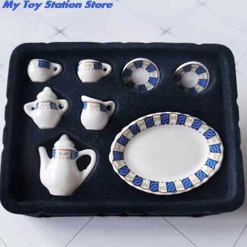 8pcs Dollhouse Miniature Porcelain Tea Cup Sets Mini Teapot Coffee Plate Play Kitchen Dining Tableware Toy