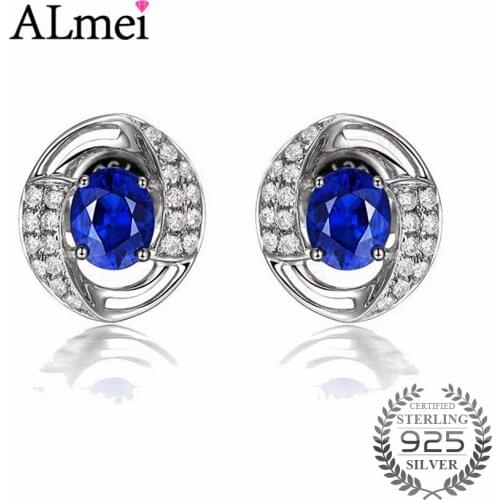 Almei 2017 925 Sterling Silver Luxury Cubic Zirconia Stud Earrings Elegant Created-Sapphire Jewelry for Women with Box 40% LR007