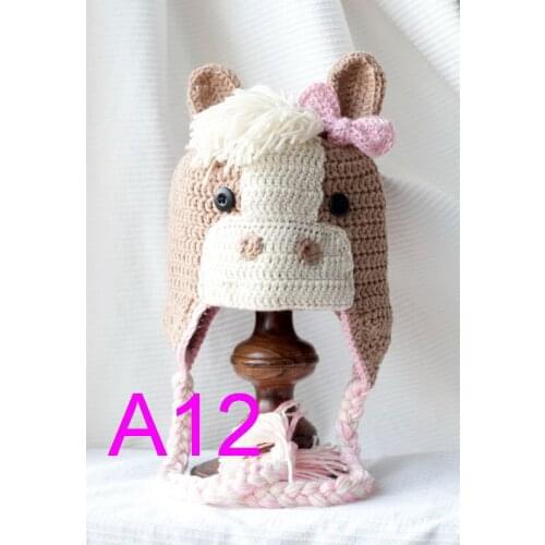 Free shipping, 30pcs/lot Baby Crochet Horse Hat , Knit Pony Hat , Horse Bow Hat , Girls Farm Animal Hat 100% cotton NB-6years