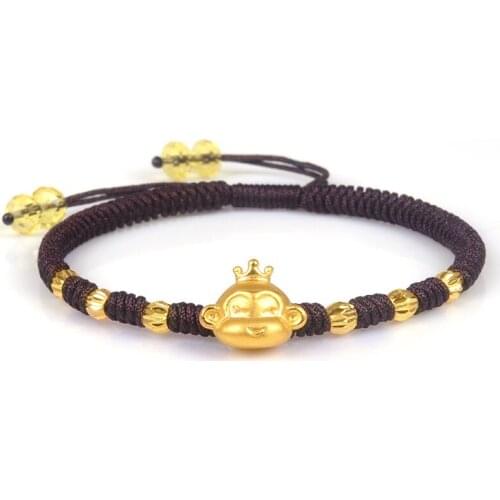 Pure 24K Yellow Gold Bracelet Womans Man Luck Zodiac Monkey Bead Brown Rope Bracelet 6.3inchL Fashion Luck Link Chain 1.5-2g