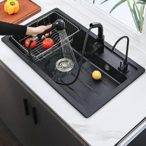 Quartz Stone Sink Large Single Bowl Granite Sink Stepped Black Kitchen Undercounter Basin Sink High And Low Sink