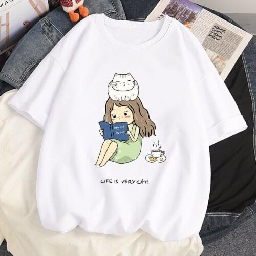 Summer Anime Harajuku Streetwear T-shirts Kawaii Cat Girl Pattern Casual Tshirt Women White Loose Oversized Hip Hop T shirt Tops