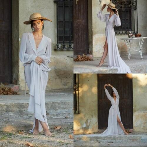 Sexy Bridal Bathrobe Chiffon Lingerie Nightgown Pajamas Sleepwear Women Illusion Side Split Gown Housecoat Nightwear Lounge Wear
