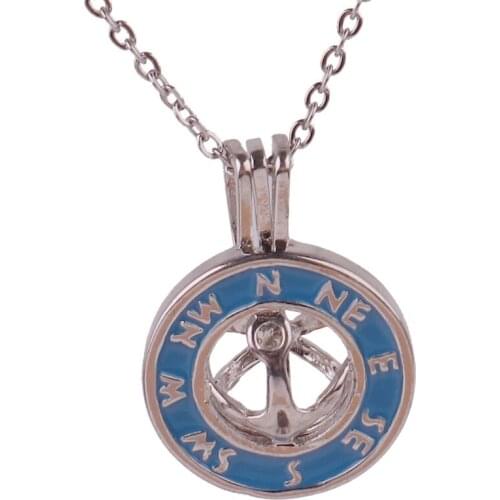 K1697 Dull Silver copper compass Bead Pearl Cage Aroma Essential Oil Diffuser Locket Necklace with stainless steel chain