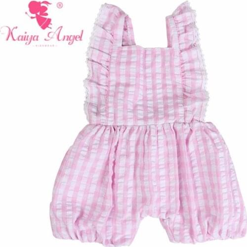 Kaiya Angel Baby Girl Pink and White Squares Bubble Cloth Jumpsuit Spring Summer Autumn children clothing Factory Wholesale