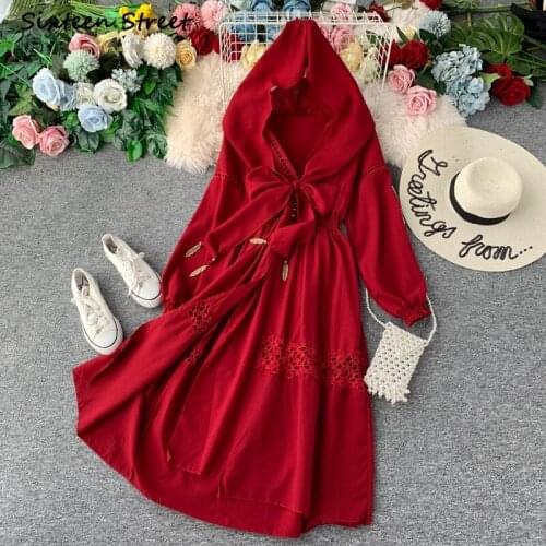 Maxi Dresses for Women Retro V Neck Hooded Harajuku Fashion Long Sleeve Vestido De Mujer Vintage Dress Y2k Clothing Women Luxury