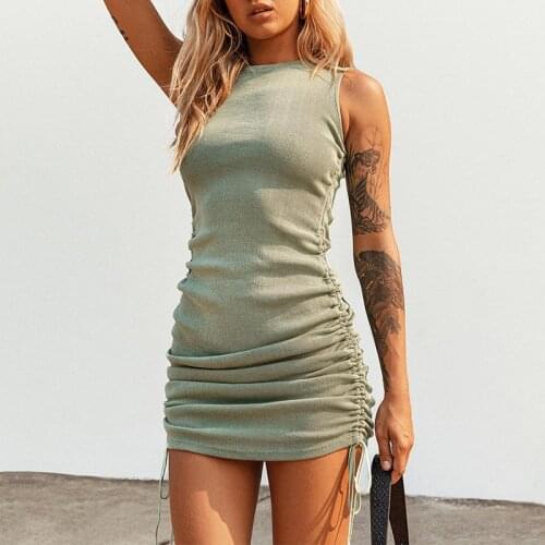 Summer Ribbed Mini Dress Women Off Shoulder Sexy Party O Neck Drawstring Knit Club Sleeveless Bodycon Short Green Dresses