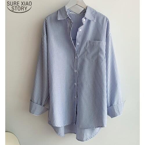 Fashion Striped Shirt Women Cotton Blouse Office Lady 2021 Spring Autumn Clothing Tops Button Loose Blouse Blusas Mujer 13057