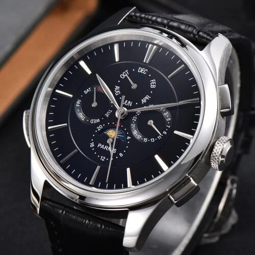 Parnis 44mm Black Dial Automatic Mechanical Mens Watch Date indicator week display Moon Phase Multifunction Wristwatch Men