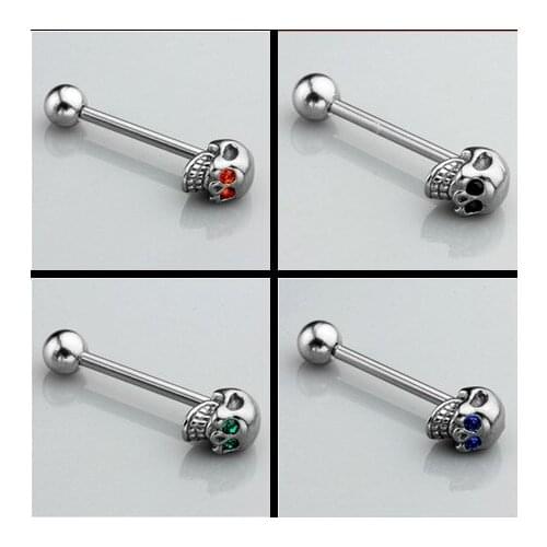 Man Skull Tongue Stainless Steel Crystal Tongue Rings Piercing Lengua Barbell Pircing Langue Bodyjewelry Ear Tragus Nipple Ring