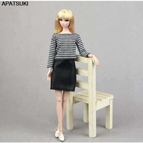 Daily Clothes Set For Barbie Dolls Accessories Doll Outfits Houndstooth Plaided Tops & Black Leather Skirt Dollhouse DIY Toys
