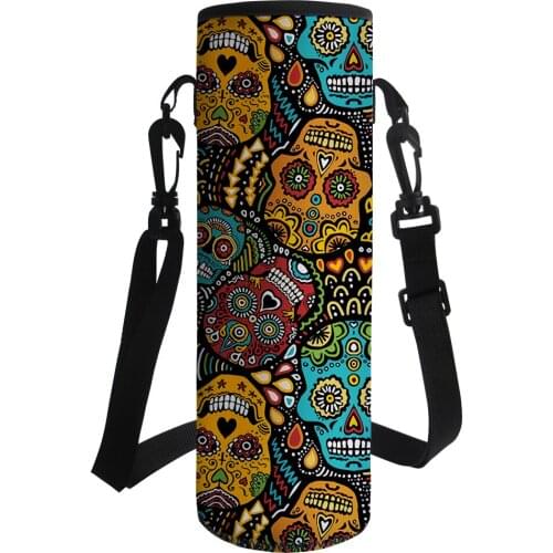 New Portable Water Bottle Sleeve Fashion Skull Printing Drink Bottle Carrying Pouch Bag with Handle Sport Water Bottle Covers