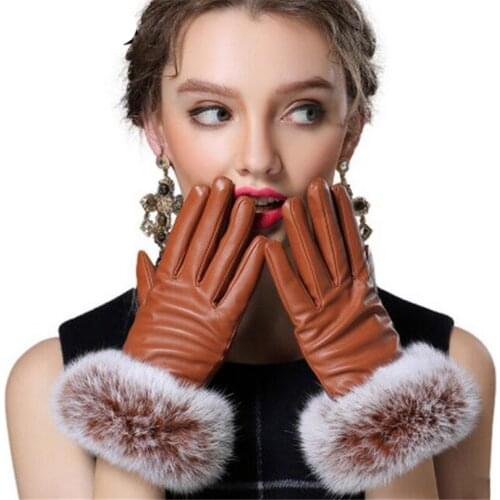 INDJXND Autumn Winter Thick Velvet Gloves Women Wrist Adult Imitation Rabbit Fur PU Leather Warm Black Red Mittens Solid Female