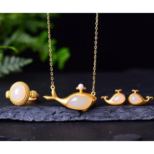 Natural 925 Silver Inlaid Hetian Jade Ring Earrings Pendant Necklace