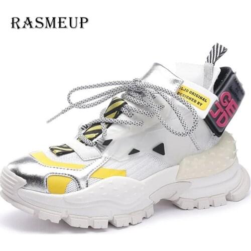 RASMEUP Women Sports Shoes Sneakers Fashion Lace Casual Wedge Heel Womens White Shoes Leather Mesh Platform Vulcanized Shoes