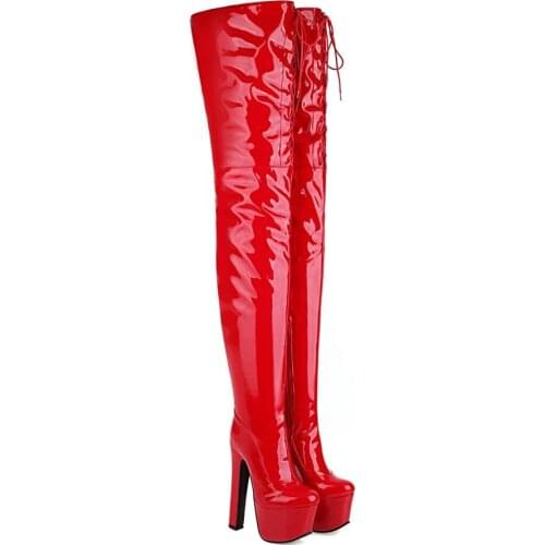 Patent Leather Sexy Thigh High Heel Boots Winter Platform Red Black Women Over the Knee Boots Large Size 45 48 Lady Fetish Shoes