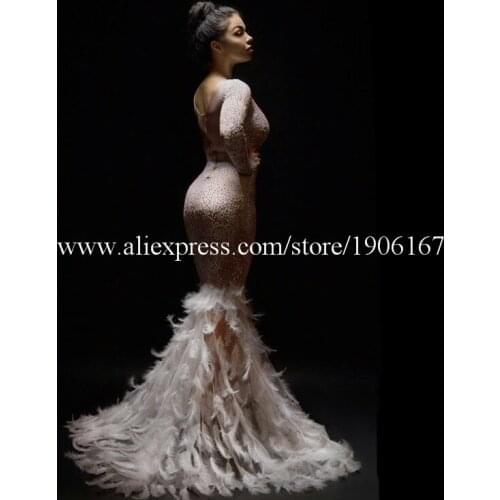 Sexy Lady Stage Performance Nightclub Party Evening Wedding Dress Rhinestone Feather Fishtail Skirt Dance Suit